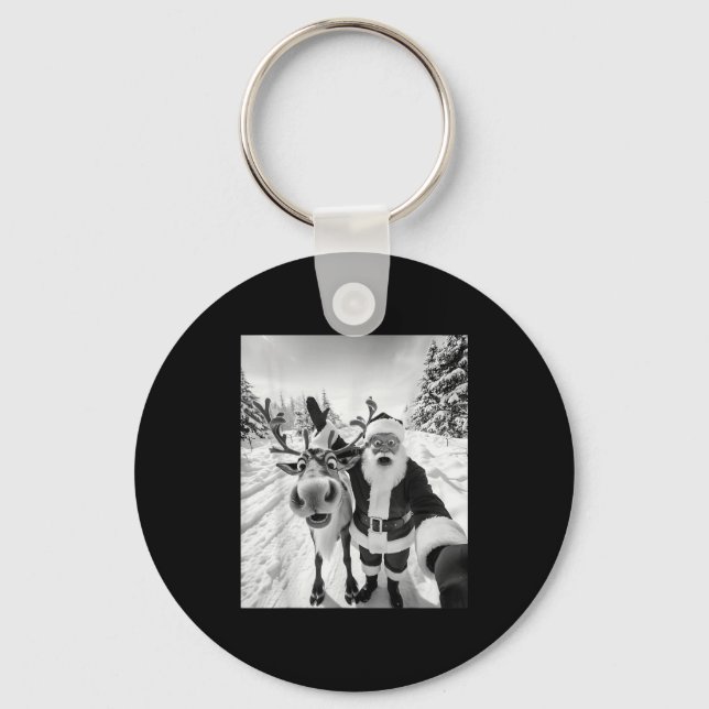 Funny Reindeer Santa Selfie Christmas Party Xmas P Keychain (Front)