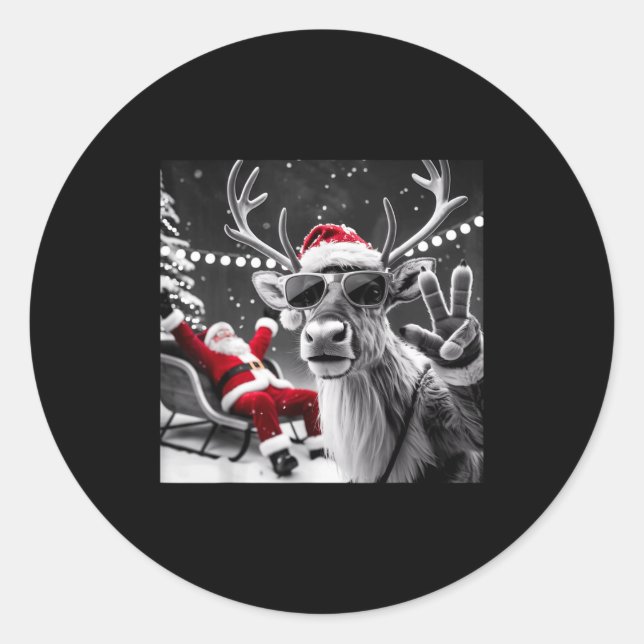 Funny Reindeer Selfie Christmas  Classic Round Sticker (Front)