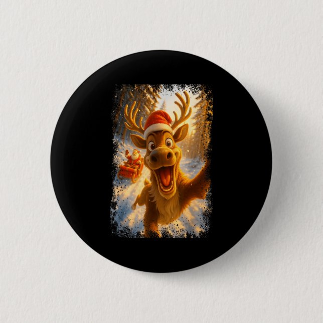 Funny Reindeer Selfie Santa Merry Christmas Men Wo 2 Inch Round Button (Front)