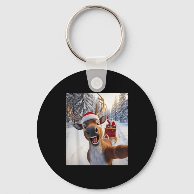 Funny Reindeer Selfie Santa Merry Christmas Men Wo Keychain (Front)