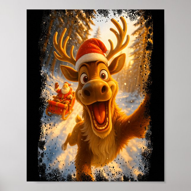 Funny Reindeer Selfie Santa Merry Christmas Men Wo Poster (Front)