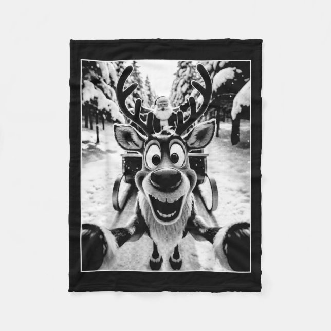 Funny Reindeer Selfie Santa Sleigh Christmas Holid Fleece Blanket (Front)