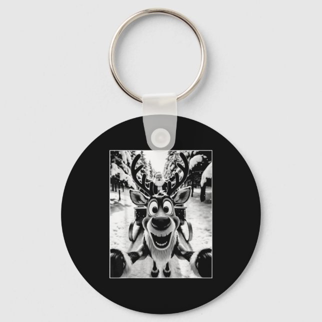 Funny Reindeer Selfie Santa Sleigh Christmas Holid Keychain (Front)