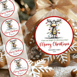 Funny reindeer whimsical holiday sticker design