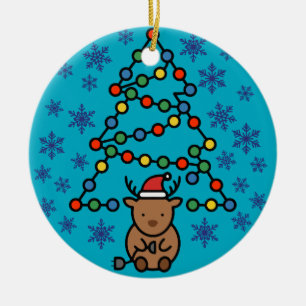Funny Reindeer with Plug and Christmas Light Tree Ceramic Ornament