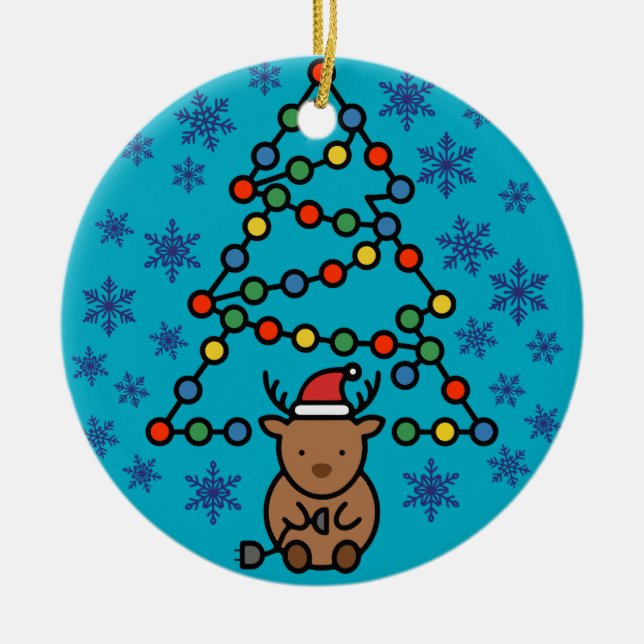 Funny Reindeer with Plug and Christmas Light Tree Ceramic Ornament (Front)