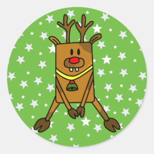 Funny Reindeer with Stars on Green Classic Round Sticker