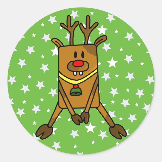 Funny Reindeer with Stars on Green Classic Round Sticker (Front)