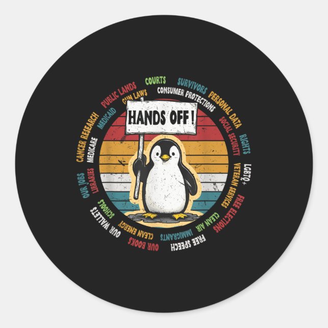 Funny Resist Penguin Protest Against Tariffs Retro Classic Round Sticker (Front)