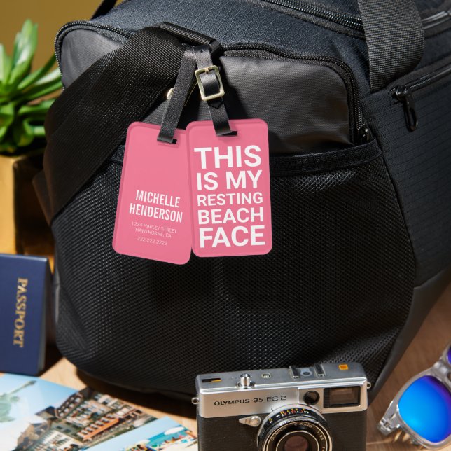 Funny Resting Beach Face | Pink Travel Luggage Tag (Front & Back)