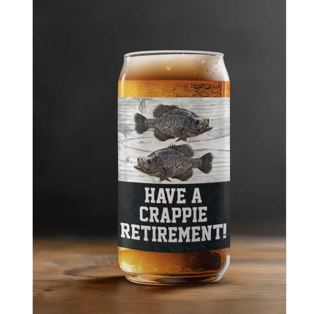 Funny Retirement Fishing Crappie Pun Gift Can Glass (A funny fishing retirement gift, a crappie themed beer glass for the retired angler.)