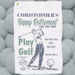 Funny Retirement Golfer Theme Retro Golf Towel<br><div class="desc">Funny golf towel for your favourite retired golfer. Monogrammed with name and date of retirement. Retro style play golf theme complete with swinging golfer,  golf ball and golf tee. Fun and practical gift.</div>