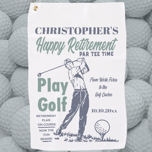 Funny Retirement Golfer Theme Retro Golf Towel (Golf Happy Retirement Monogrammed Golf Towel for your favorite golfer. Funny retirement gift.)