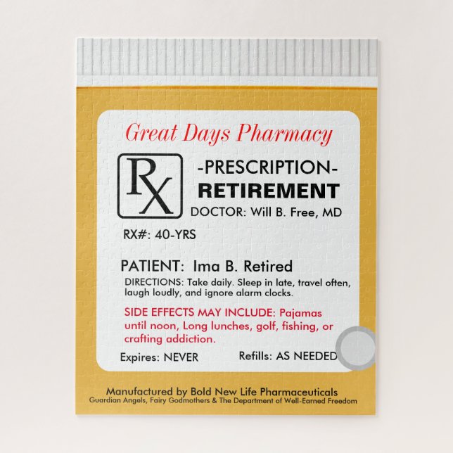 Funny Retirement Prescription RX Jigsaw Puzzle (Vertical)