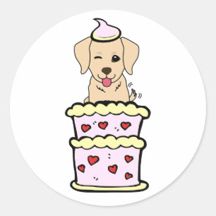 Funny retriever dog jumping out of a cake classic round sticker