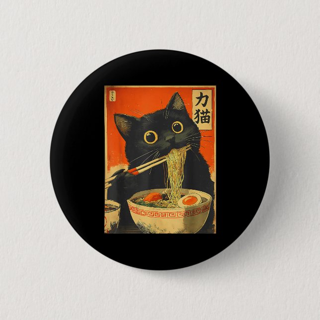 Funny Retro Anime Cat Ramen Japanese Cat Graphic A 2 Inch Round Button (Front)