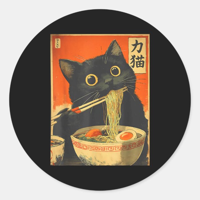 Funny Retro Anime Cat Ramen Japanese Cat Graphic A Classic Round Sticker (Front)