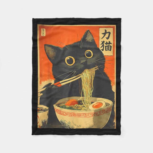 Funny Retro Anime Cat Ramen Japanese Cat Graphic A Fleece Blanket (Front)