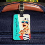 Funny Retro Beach Lady Traveller Luggage Tag<br><div class="desc">Spot your bags easily on the luggage carousel with this funny luggage tag with retro styling. An outrageously funny beach lady in striped sunglasses, hair turban, and red lipstick highlights this aqua and light ecru beige colour block design. Sample text is included on the front of the tag that you...</div>