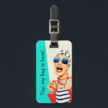 Funny Retro Beach Lady Traveller Luggage Tag<br><div class="desc">Spot your bags easily on the luggage carousel with this funny luggage tag with retro styling. An outrageously funny beach lady in striped sunglasses, hair turban, and red lipstick highlights this aqua and light ecru beige colour block design. Sample text is included on the front of the tag that you...</div>