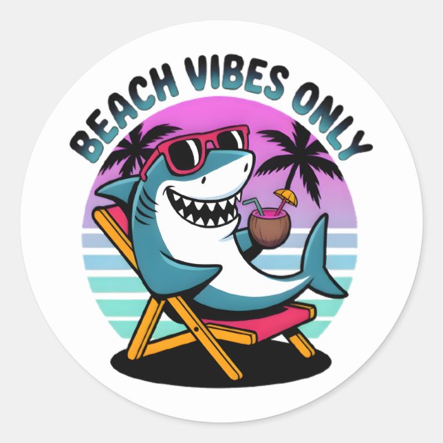 Funny Retro Beach Vibes Only Shark Classic Round Sticker (Front)