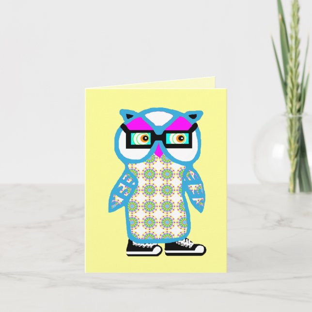 Funny Retro Blue Hipster Owl Blank Greeting Card (Front)
