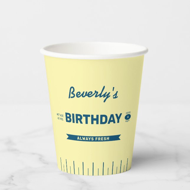 Funny Retro Butter Stick Blue Birthday Paper Cups (Front)