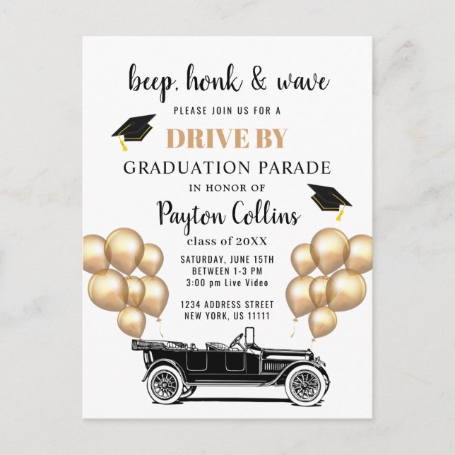 Funny Retro Car DRIVE BY Graduation Party Invite  Postcard (Front)