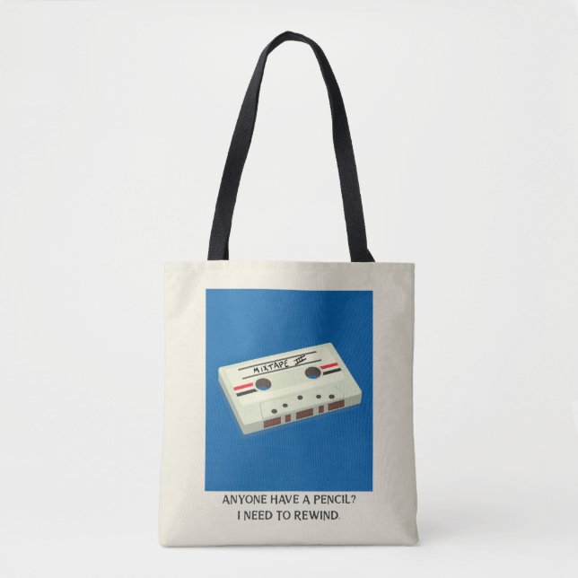 Funny Retro Cassette Tape Rewind with a Pencil Tote Bag (Front)