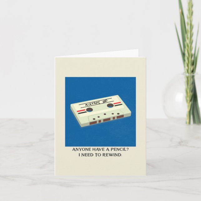 Funny Retro Cassette Tape Rewind with Pencil Blank Card (Front)