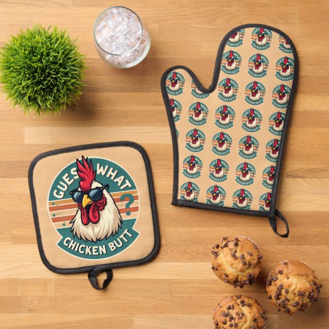  Funny Retro Chicken Butt Joke Design Oven Mitt & Pot Holder Set (Top Down)