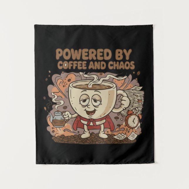 Funny Retro Coffee Superhero | Powered by Coffee  Tapestry (Front)