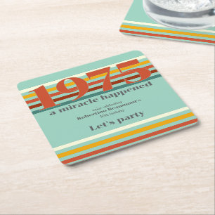 Funny Retro Colors 50th Birthday Party Square Paper Coaster