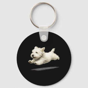 Funny Retro Cute Running Dog Art White Puppy Keychain