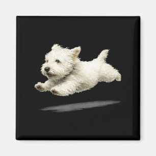 Funny Retro Cute Running Dog Art White Puppy Magnet