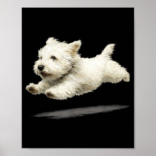 Funny Retro Cute Running Dog Art White Puppy Poster