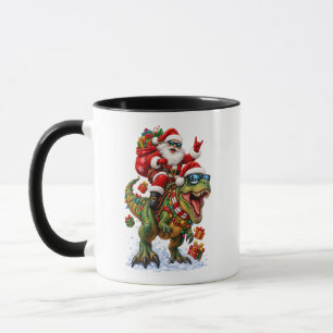 Funny Retro Dinosaur Santa Riding T-Rex Christmas Mug
