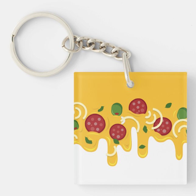 Funny Retro Dripping Pizza Cheese Keto Party Keychain (Front)