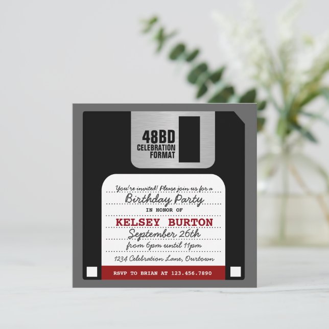 Funny Retro Floppy Disc Party Invitation (Standing Front)