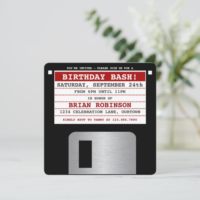 Funny Retro Floppy Disc Party Invitation (Standing Front)