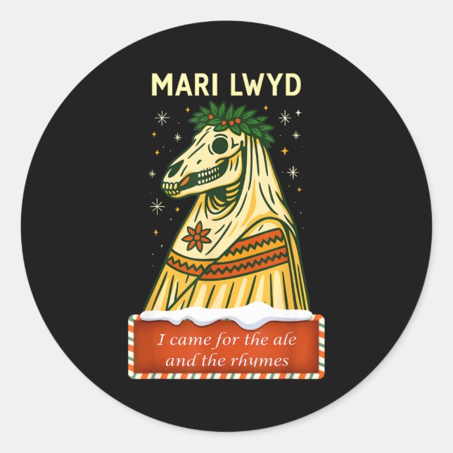 Funny Retro Folklore Skeleton Horse Mari Lwyd Yule Classic Round Sticker (Front)