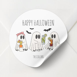 Funny Retro Ghost and Cocktails Happy Halloween Classic Round Sticker