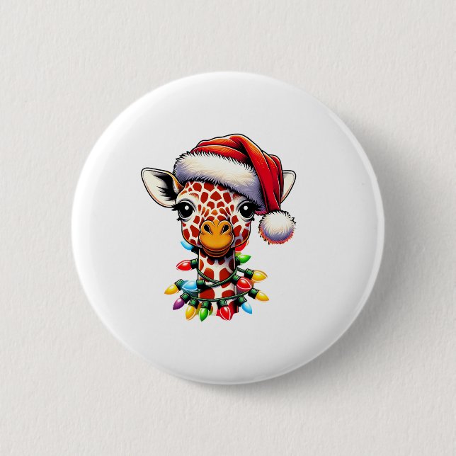 Funny Retro Giraffe Lover Santa Christmas Tree Lig 2 Inch Round Button (Front)
