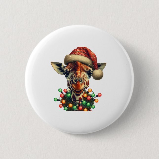 Funny Retro Giraffe Lover Santa Christmas Tree Lig 2 Inch Round Button (Front)