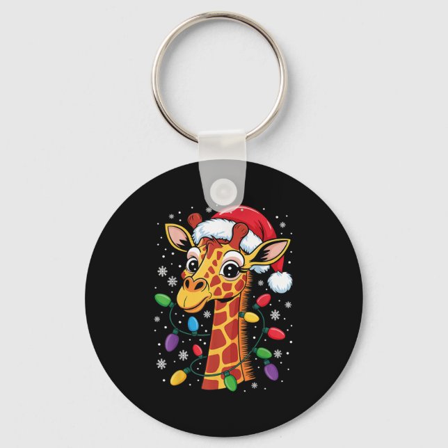 Funny Retro Giraffe Lover Santa Hat Christmas Ligh Keychain (Front)