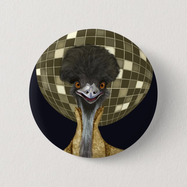 Funny Retro Golden Disco Ball Emu Bird 2 Inch Round Button (Front)