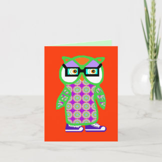 Funny Retro Green Hipster Owl Blank Greeting Card