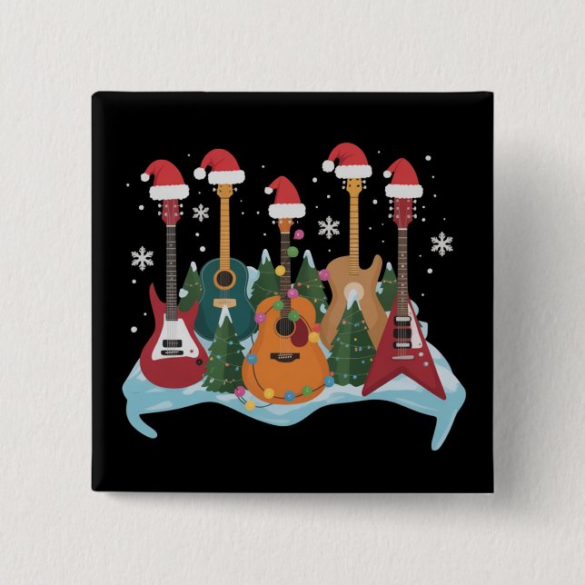 Funny Retro Guitar Christmas Tree Holiday Xmas 2 Inch Square Button (Front)