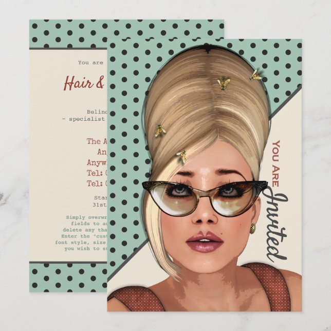 Funny Retro Hair And Beauty Salon Invitation À L'É (Devant / Derrière)