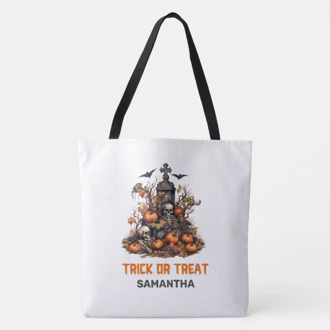Funny retro Halloween spooky Grave with Skeletons Tote Bag (Front)